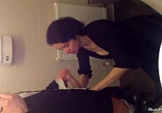SHORT HAIRED WIFE DROPS TO KNEES FOR BATHROOM COCK SUCKING SESSION