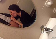 SHORT HAIRED WIFE DROPS TO KNEES FOR BATHROOM COCK SUCKING SESSION