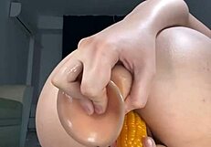 double dildo stretches shaved teen pussy and virgin ass tight