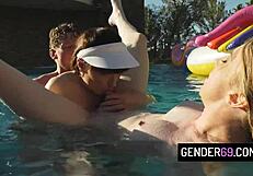 Four shemales blowjob bareback orgy pool party