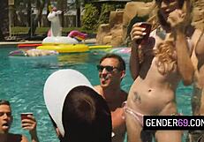 Four shemales blowjob bareback orgy pool party