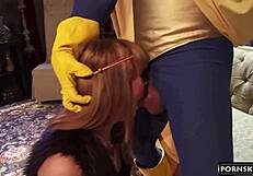 claire robbins as wonderwoman deepthroats eric masterson's cock in sloppy parody