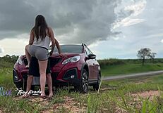 cars zoom by as we creampie milf pussy outdoors