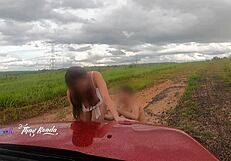 cars zoom by as we creampie milf pussy outdoors
