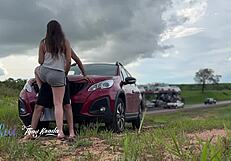 cars zoom by as we creampie milf pussy outdoors