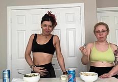 Tall beauty devours huge belly mukbang feast then burps loud