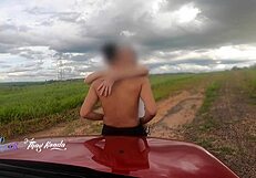 cars zoom by as we creampie milf pussy outdoors