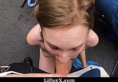 salesman catches cute thief claire roos and punishes her small tits in garage domination