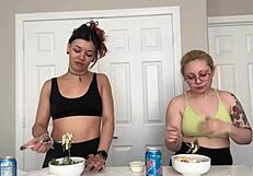 Tall beauty devours huge belly mukbang feast then burps loud