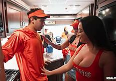 this traveling fan fuck fest has cheerleaders sucking and fucking reality kings style