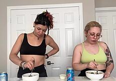 Tall beauty devours huge belly mukbang feast then burps loud
