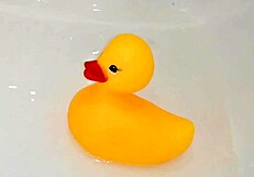 Mature milf fingers wet pussy with rubber duck in bathroom
