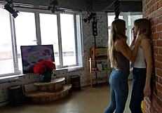 Ever wondered how hot lesbians kiss topless in tight jeans?