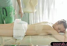Lovely Peachy Babe Fingers Pussy During Massage Then Takes Huge Cock