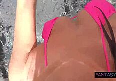 Wet latina petite teen drains monster cock cum poolside bent over doggystyle facial