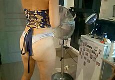 French amateur in blue corset gets doggystyle rimjob pounding