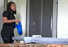 Thai massage girl flashes her pussy when asian guy shows throbbing cock