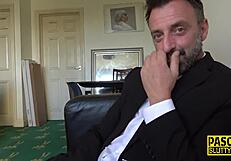 scottish sub gags on cock in rough maledom throat domination session