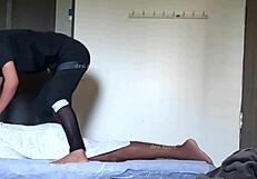 Thai massage girl flashes her pussy when asian guy shows throbbing cock