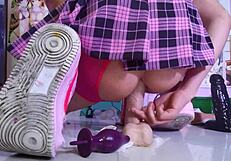 Lindas Pigtails Futanari Ladyboy Gapes Anal on Toys in Miniskirt Socks