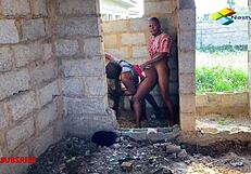 Bricklayer fucks stranded ebony in building