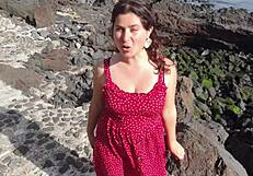 wanna learn free sex from seductive stepmom flashing big tits pussy on public beach?
