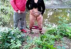 horny stepmom rubs wet pussy then milks stepsons throbbing dick outdoors. such a dirty risk!