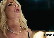 Blonde milf rides young cock while hiding from best friend