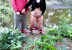 horny stepmom rubs wet pussy then milks stepsons throbbing dick outdoors. such a dirty risk!