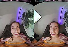 Sexy petite brunette in lingerie masturbates with toys in horny VR fuck