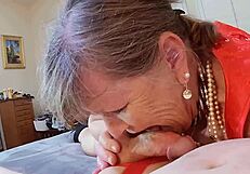 granny carmen teases cock in red dress