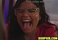 two kinky lesbian teens caught masturbating then punished by big tits milf warden fingering their asses in garage