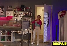 two kinky lesbian teens caught masturbating then punished by big tits milf warden fingering their asses in garage