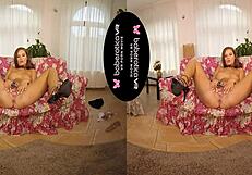 jenifer jane spreads shaved pussy wide masturbating solo with big dildo in vr