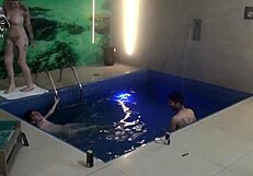 bareback threesome couple dominates skinny tattooed friends at motel pool