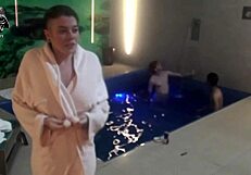 bareback threesome couple dominates skinny tattooed friends at motel pool