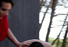 tall skinny brunette with saggy natural tits fucked hard on balcony gets mouth cumshot