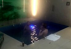 bareback threesome couple dominates skinny tattooed friends at motel pool