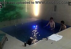 bareback threesome couple dominates skinny tattooed friends at motel pool