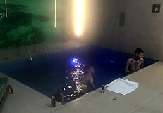 bareback threesome couple dominates skinny tattooed friends at motel pool