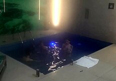 bareback threesome couple dominates skinny tattooed friends at motel pool