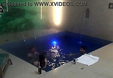 bareback threesome couple dominates skinny tattooed friends at motel pool