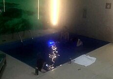 bareback threesome couple dominates skinny tattooed friends at motel pool