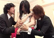 japanese teen with bushy pussy gets double creampied in mmf 3some casting