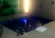 bareback threesome couple dominates skinny tattooed friends at motel pool