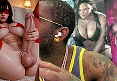 blindfolded trans ebony cums hard from her own huge cock
