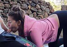 18yo hot brunette teen babe outdoor big cock blowjob deepthroat riding cumshot