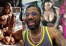 blindfolded trans ebony cums hard from her own huge cock