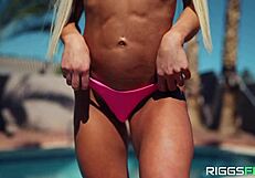 Blonde bodybuilder cums hard with big cock ripping clothes poolside