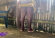 Skinny MILF pornstar films barefoot voyeur sex naked on countryside beach house deck